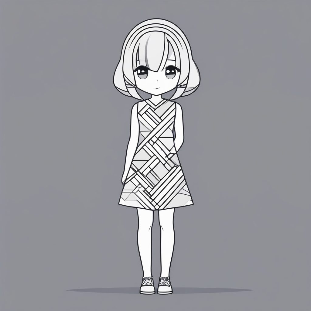 几何时尚Q版：抽象线条高定服装全身立绘，纯灰背景