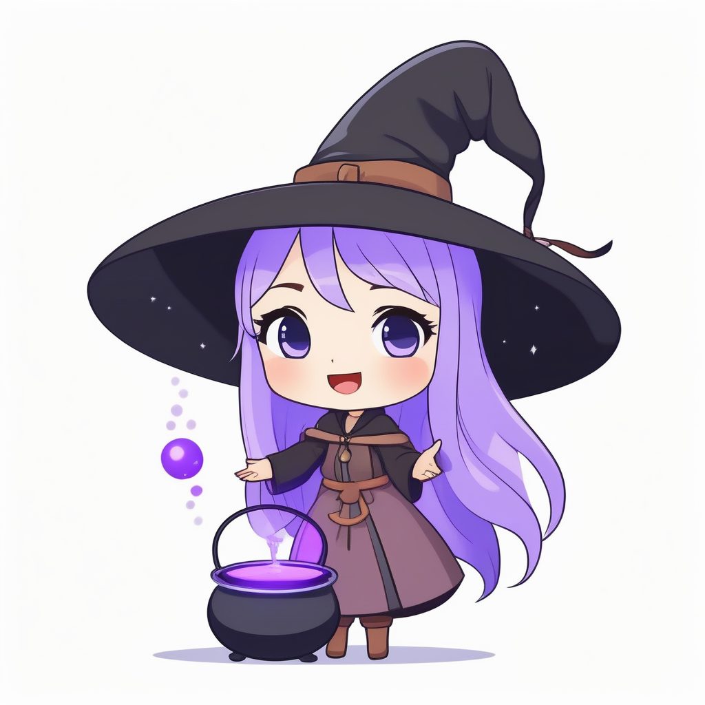 极简2D动漫风Q版魔法学徒女孩：漂浮坩埚全身插画