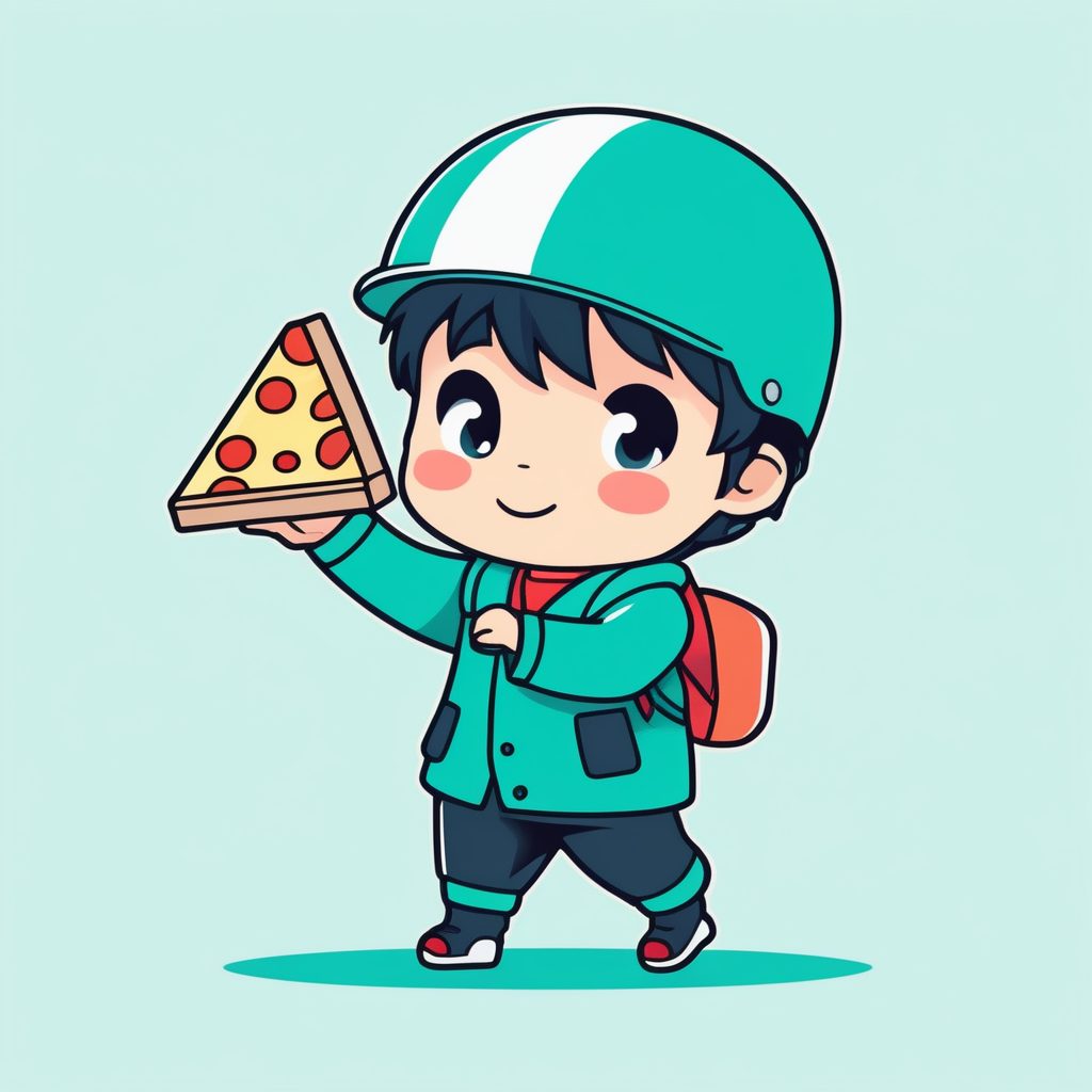 极简2D动漫风Q版外卖小哥AI绘画：全身站立、平面色彩插画提示词