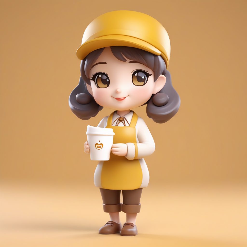 极简3D盲盒Q版咖啡师女孩：C4D渲染甜美站立全身像