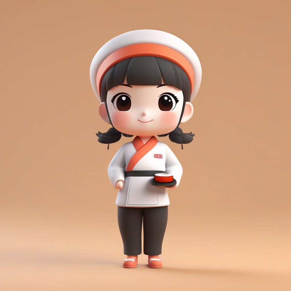 极简3D盲盒Q版寿司厨师AI提示词：可爱女孩全身站姿设计