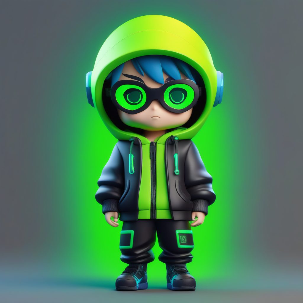 极简3D粘土风Q版赛博朋克黑客男孩全身插画提示词