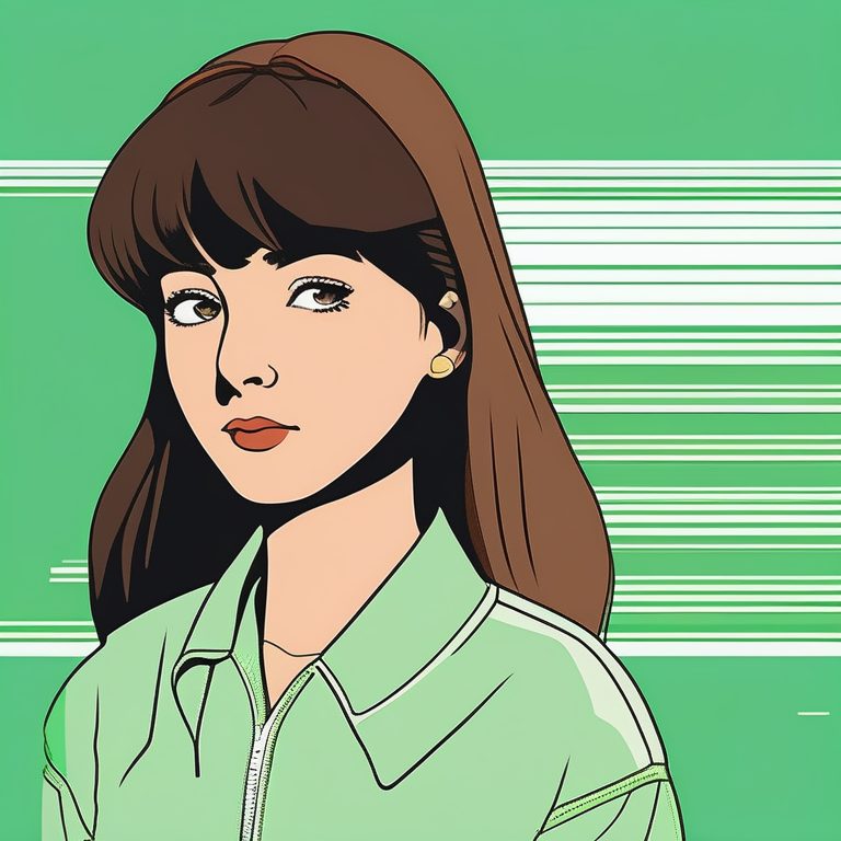 极简90年代复古动漫风格女生与淡绿色背景