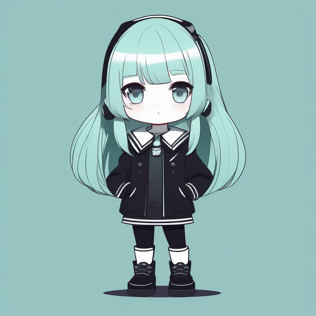 极简暗黑学院Q版女孩：低饱和度黑白配色全身肖像生成