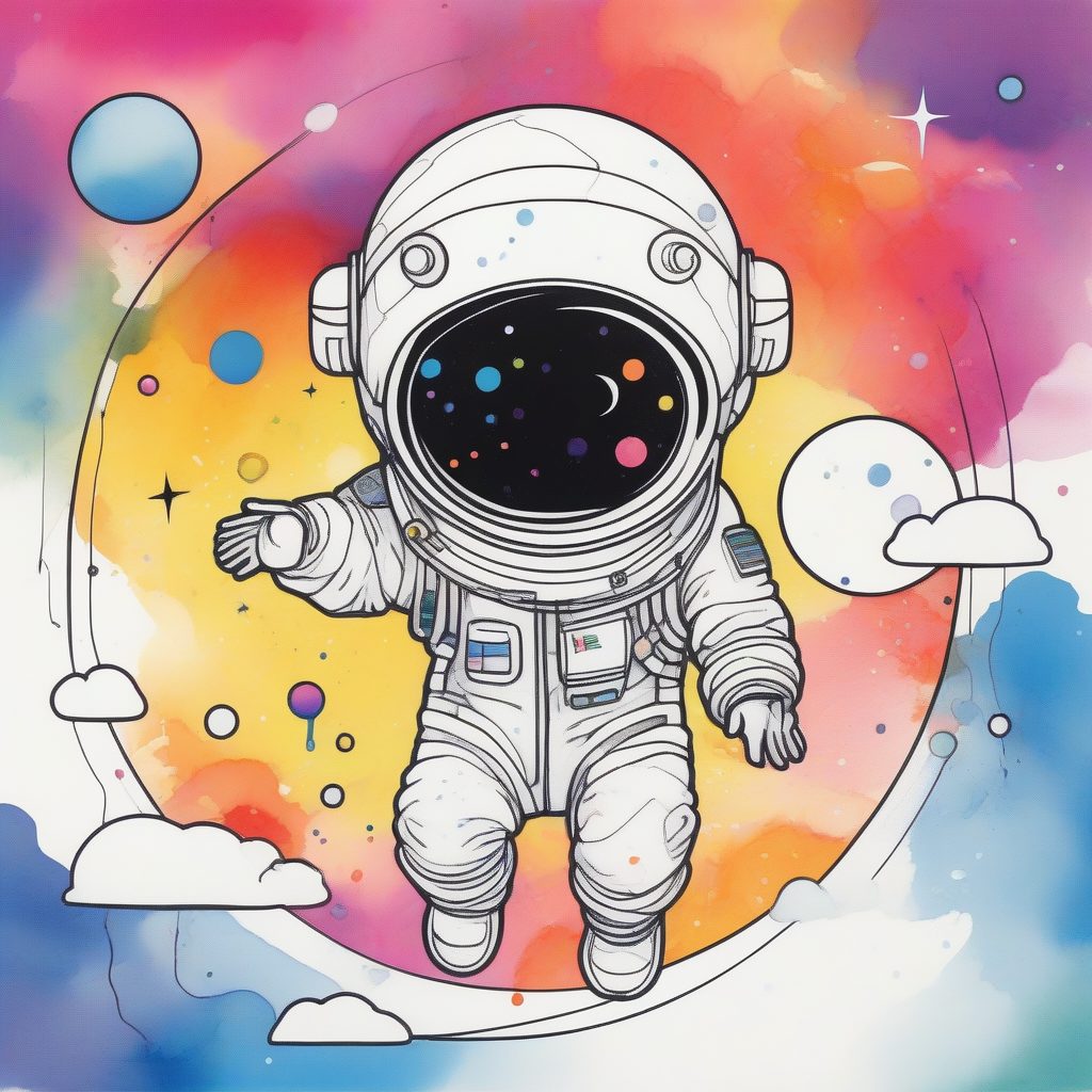 极简彩虹水彩：Q版宇航员男孩动态速写，白底抽象几何