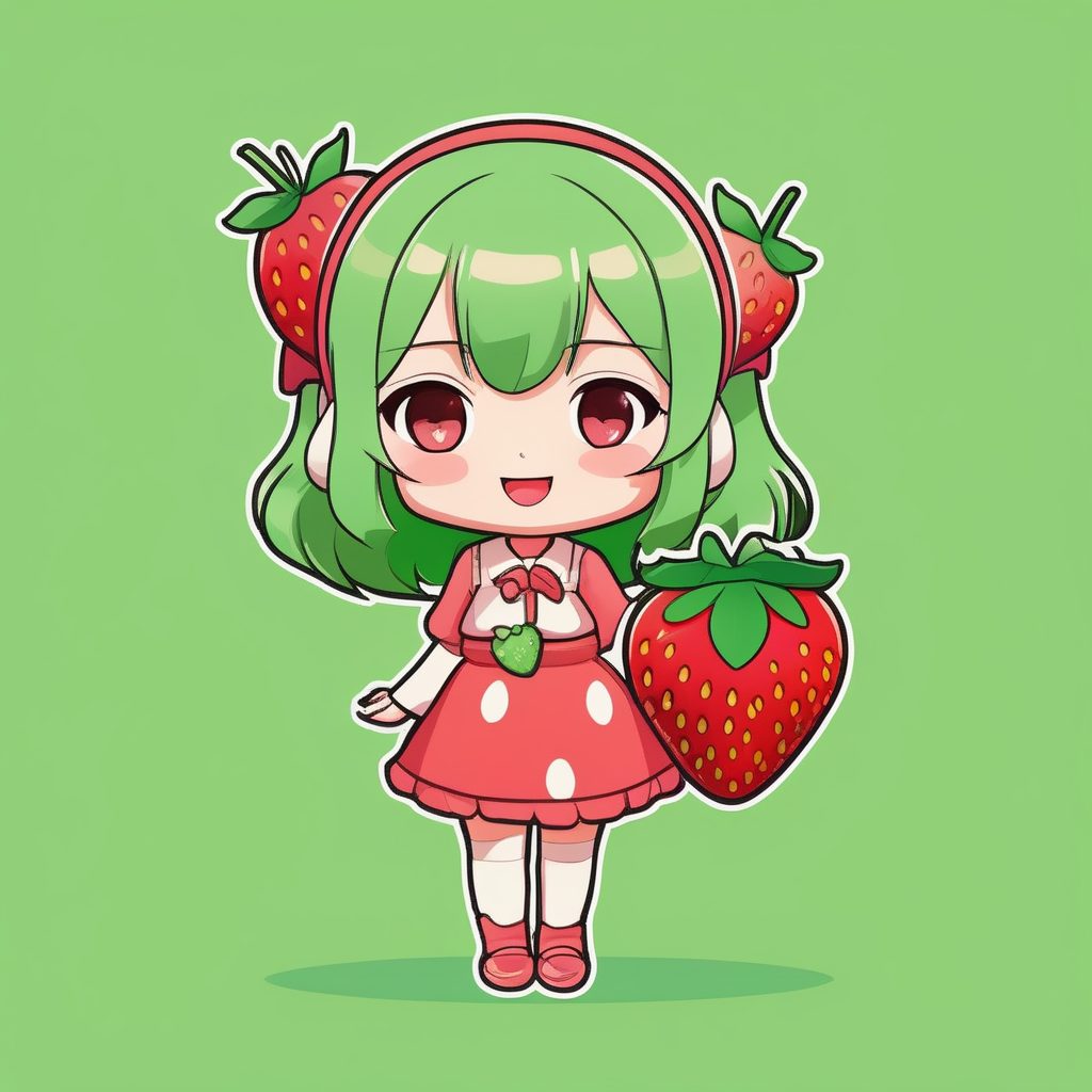极简草莓甜心Q版女孩AI绘画提示词：平面插画设计