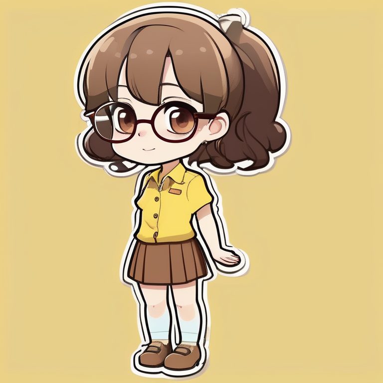 极简纯色背景Q版可爱眼镜少女全身插画