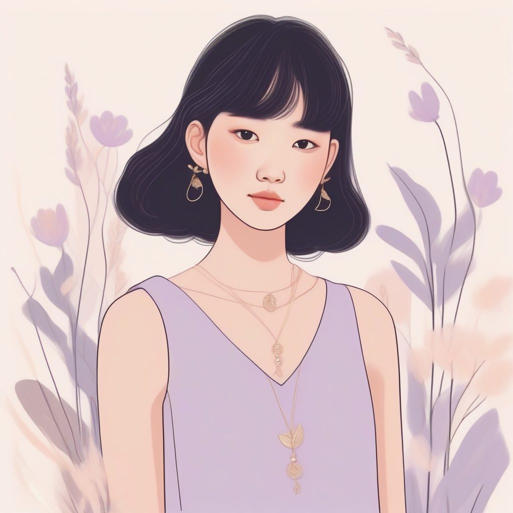 极简吊带裙：手拿小花的亚洲女孩时尚涂鸦