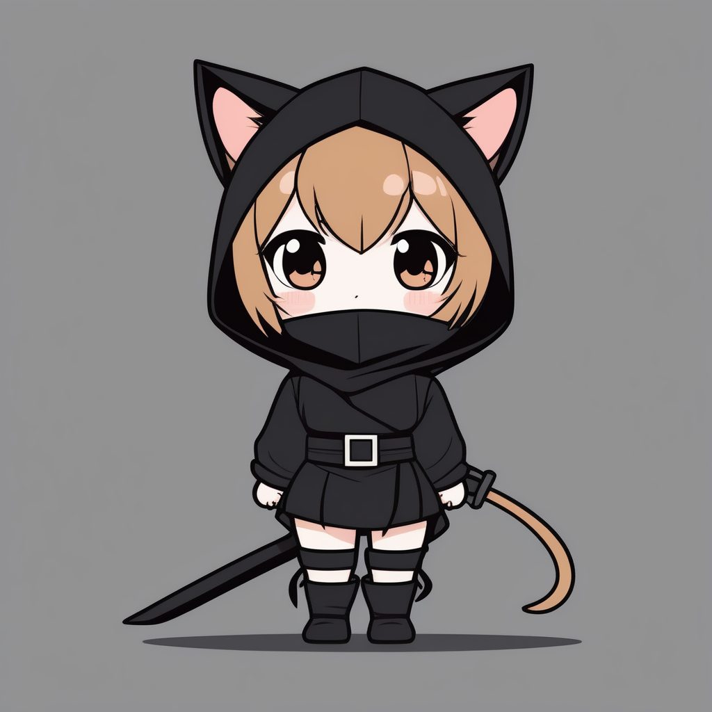 极简动漫风格：2D Q版忍者猫娘全身立绘（暗灰色背景）