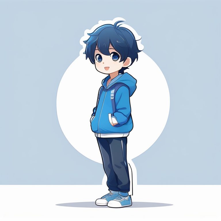 极简动漫风格卡哇伊Q版蓝衣男孩插画