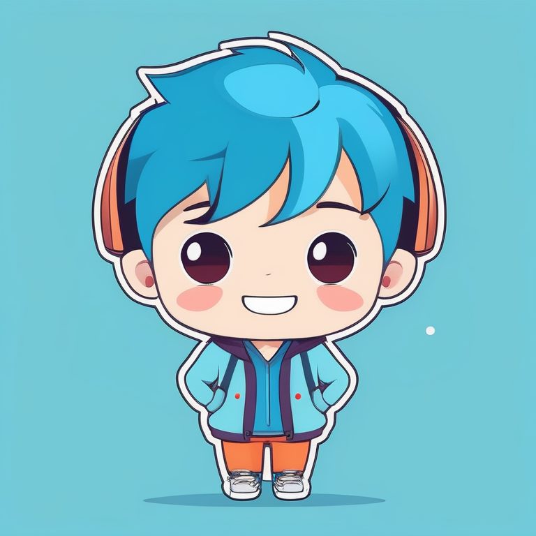 极简动漫风格可爱Q版男孩全身照-蓝色背景