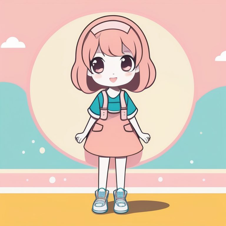 极简动漫风格可爱Q版女孩全身像,纯色明亮背景