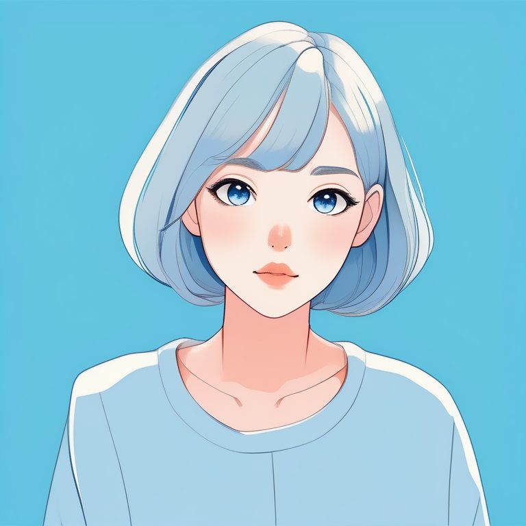 极简动漫风格少女肖像,蓝色纯净背景
