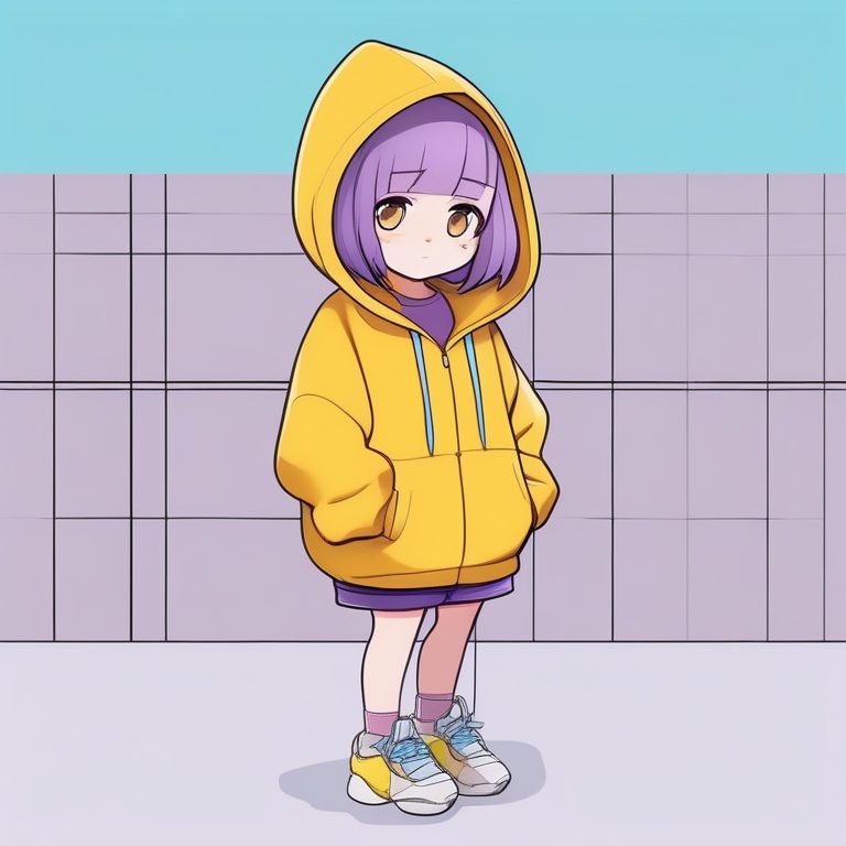 极简动漫风格紫色短发Q版少女全身图