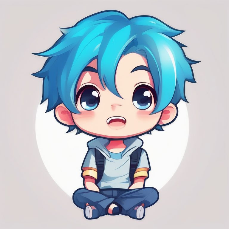极简动漫风Q版卡哇伊蓝发男孩全身照