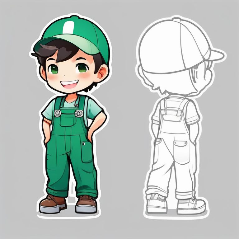 极简动漫风Q版绿色背带裤男孩