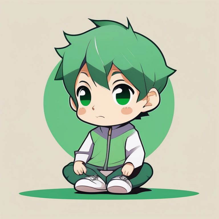 极简动漫风Q版男孩绿色背景坐姿静思