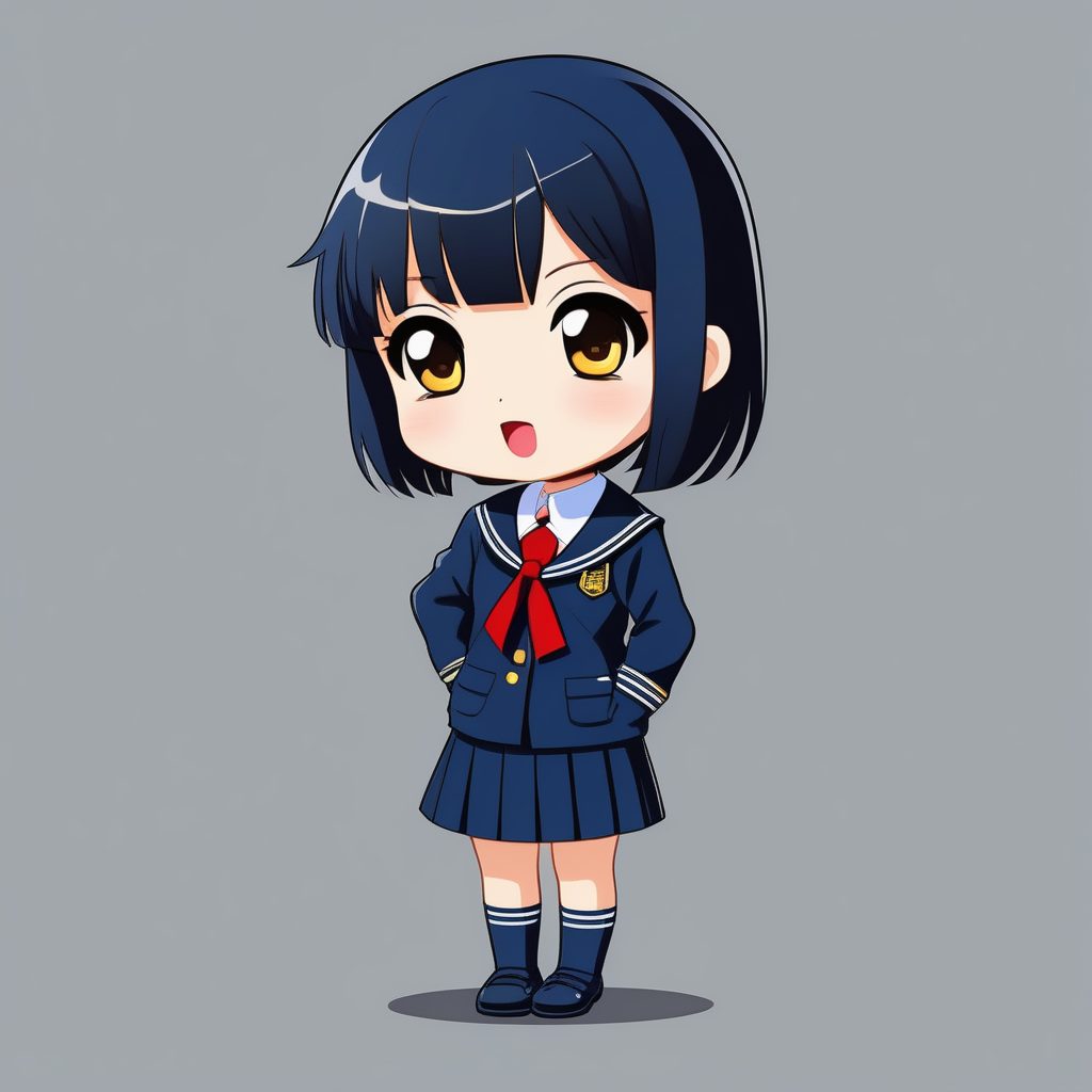 极简动漫风Q版水手服少女AI绘画提示：黑色短发与纯黄背景