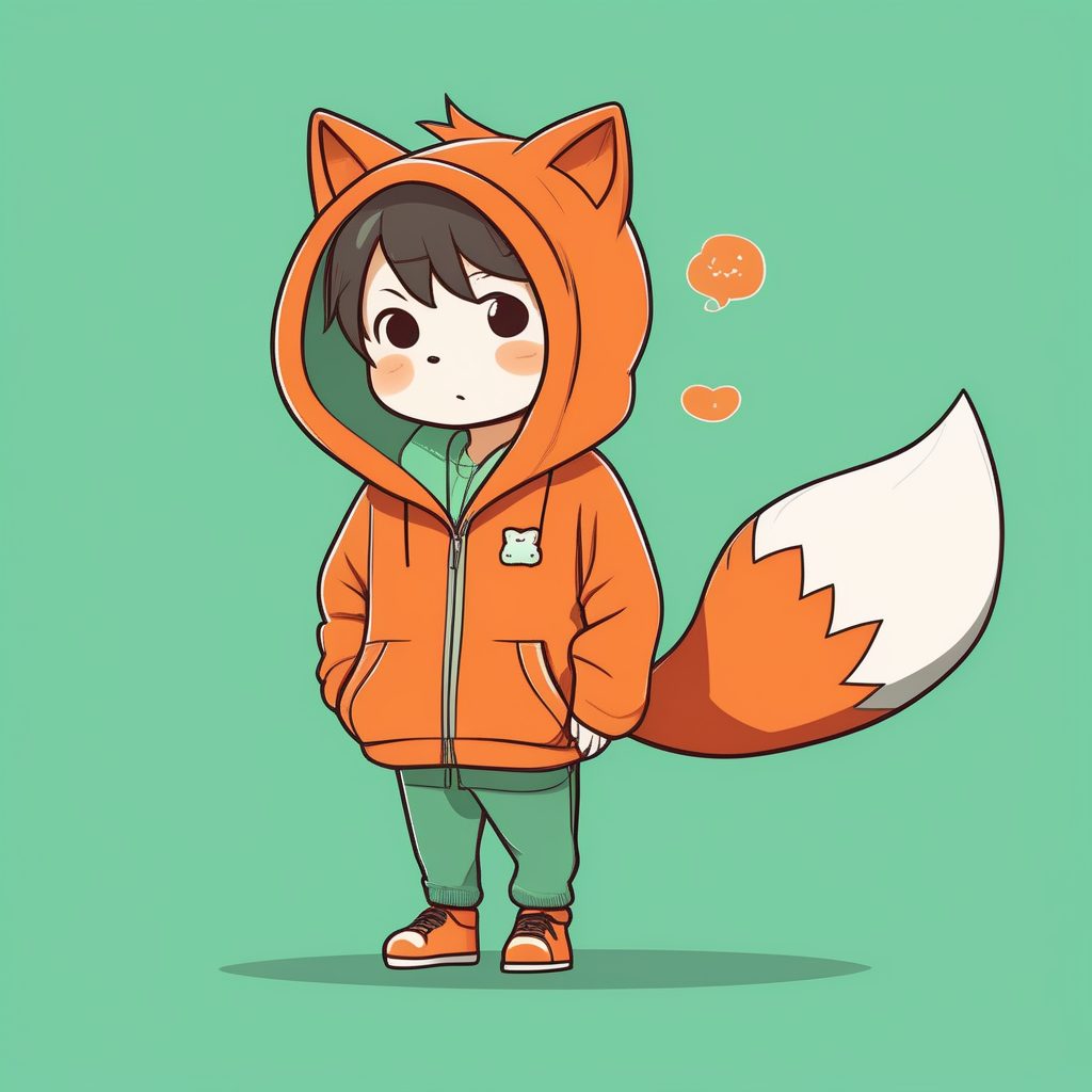 极简动漫角色：纯薄荷绿背景上的俏皮狐狸卫衣男孩