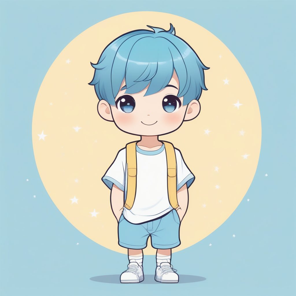 极简动漫卡哇伊Q版风格下的蓝发小男孩全身像