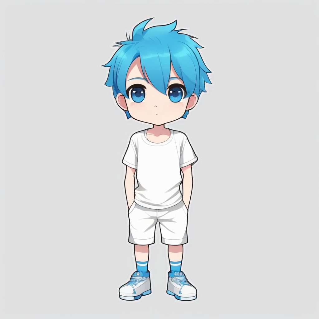 极简动漫卡哇伊Q版蓝发男孩在纯白背景