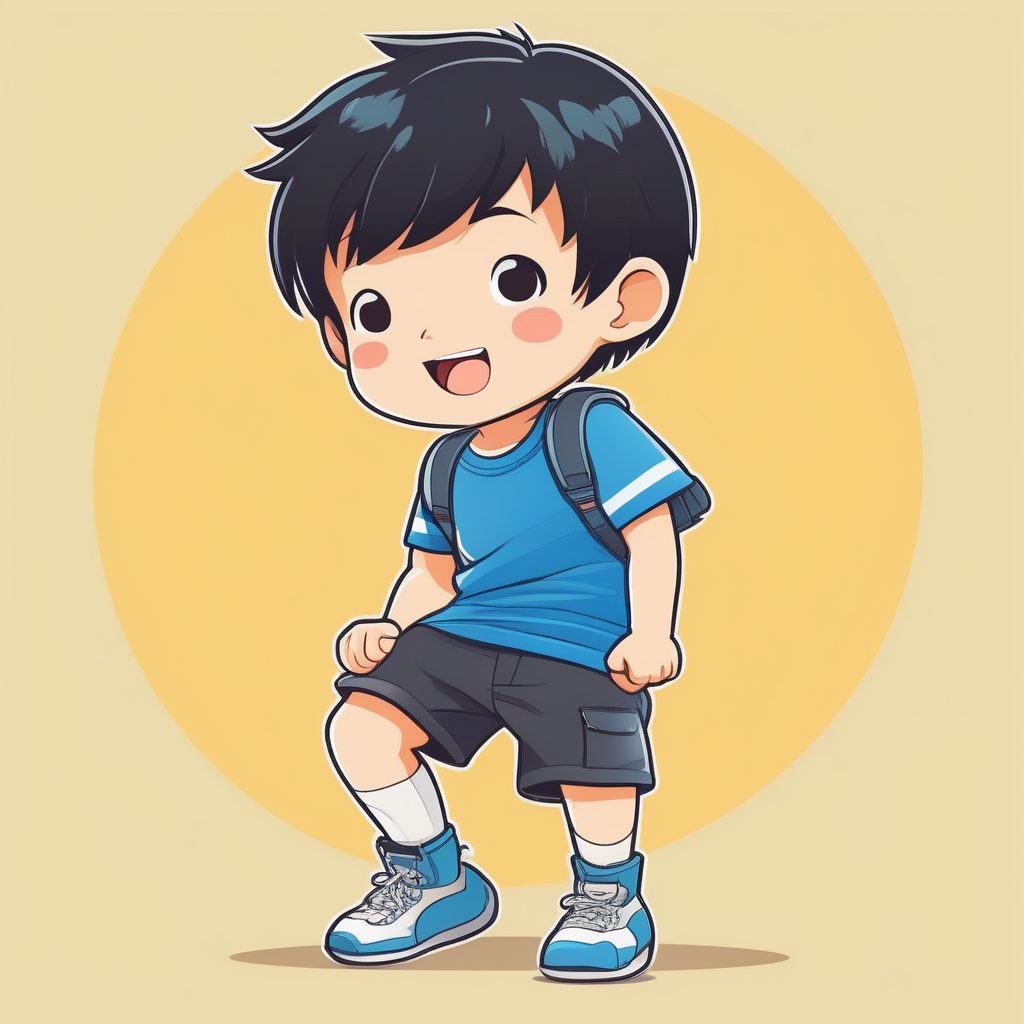 极简动漫卡哇伊Q版男孩全身照 - 纯色背景平面设计