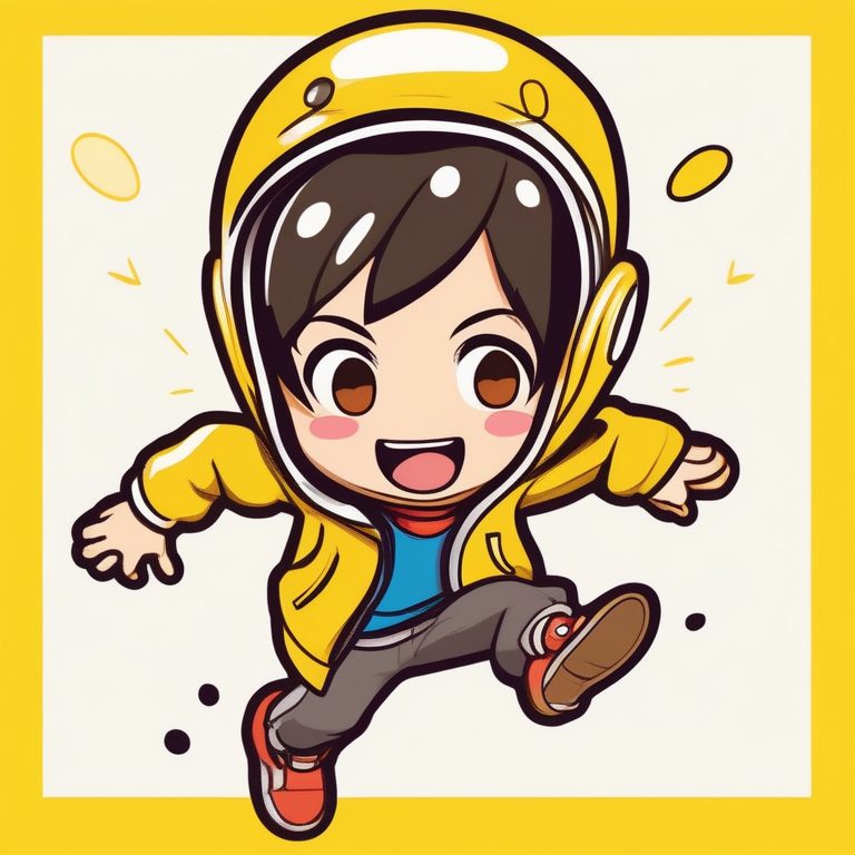 极简动漫卡哇伊Q版男孩全身照-黄色背景-跳跃动作