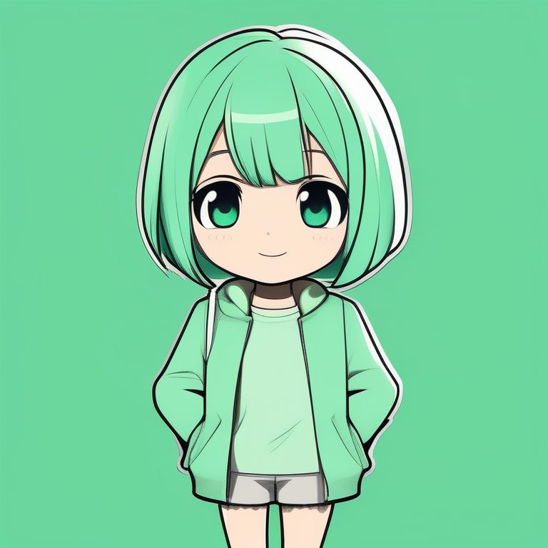 极简动漫卡哇伊Q版女孩全身-薄荷绿休闲装