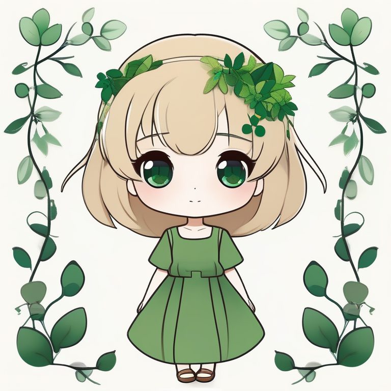 极简动漫卡哇伊Q版女孩全身 风格 植物女孩 奶油白背景