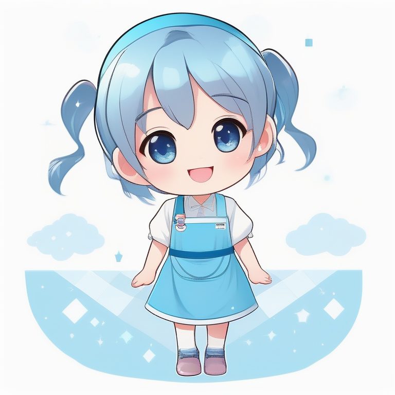 极简动漫卡哇伊Q版女孩全身-天空蓝围裙
