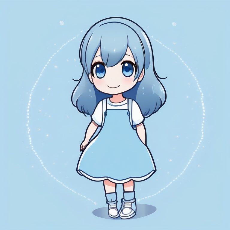 极简动漫卡哇伊Q版女孩全身形象-蓝色连衣裙少女