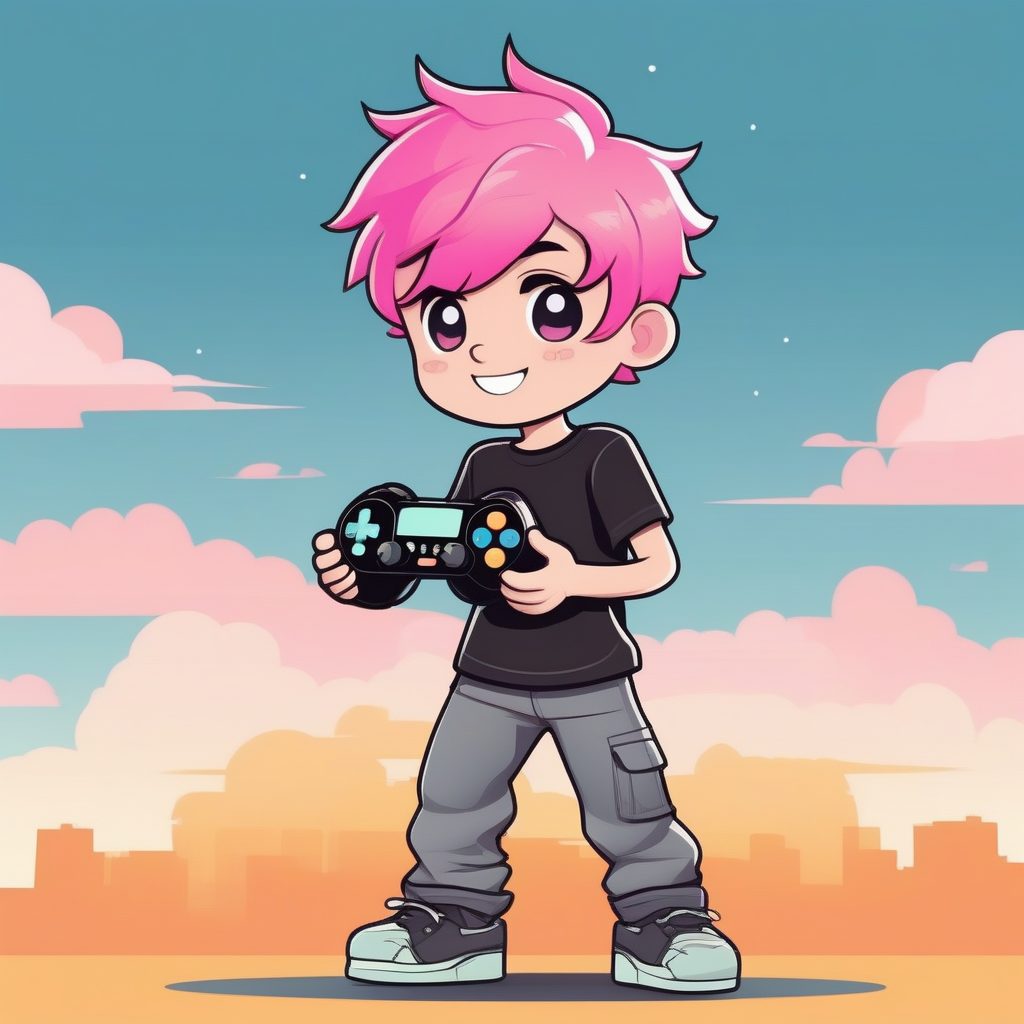 极简动漫:蓝色背景下拿着手柄的粉发Q版少年 1 极简动漫:蓝色背景下拿着手柄的粉发Q版少年