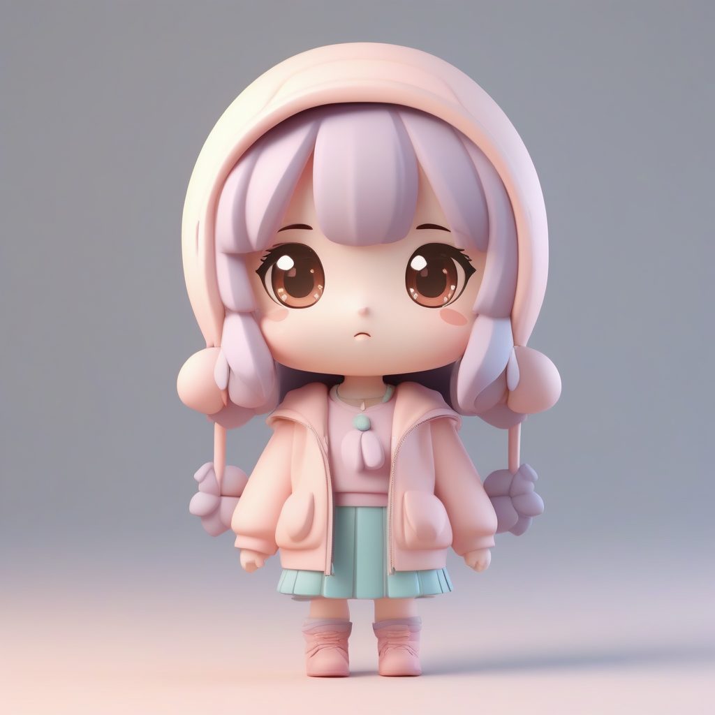 极简动漫粘土Q版卡哇伊女孩3D渲染角色卡
