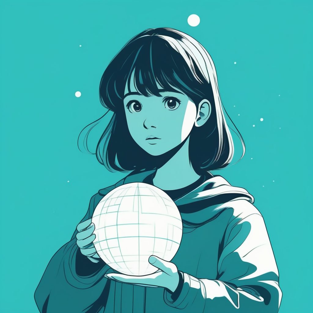 极简动漫女孩肖像：星尘与惊奇的眼神 (纯青色背景)