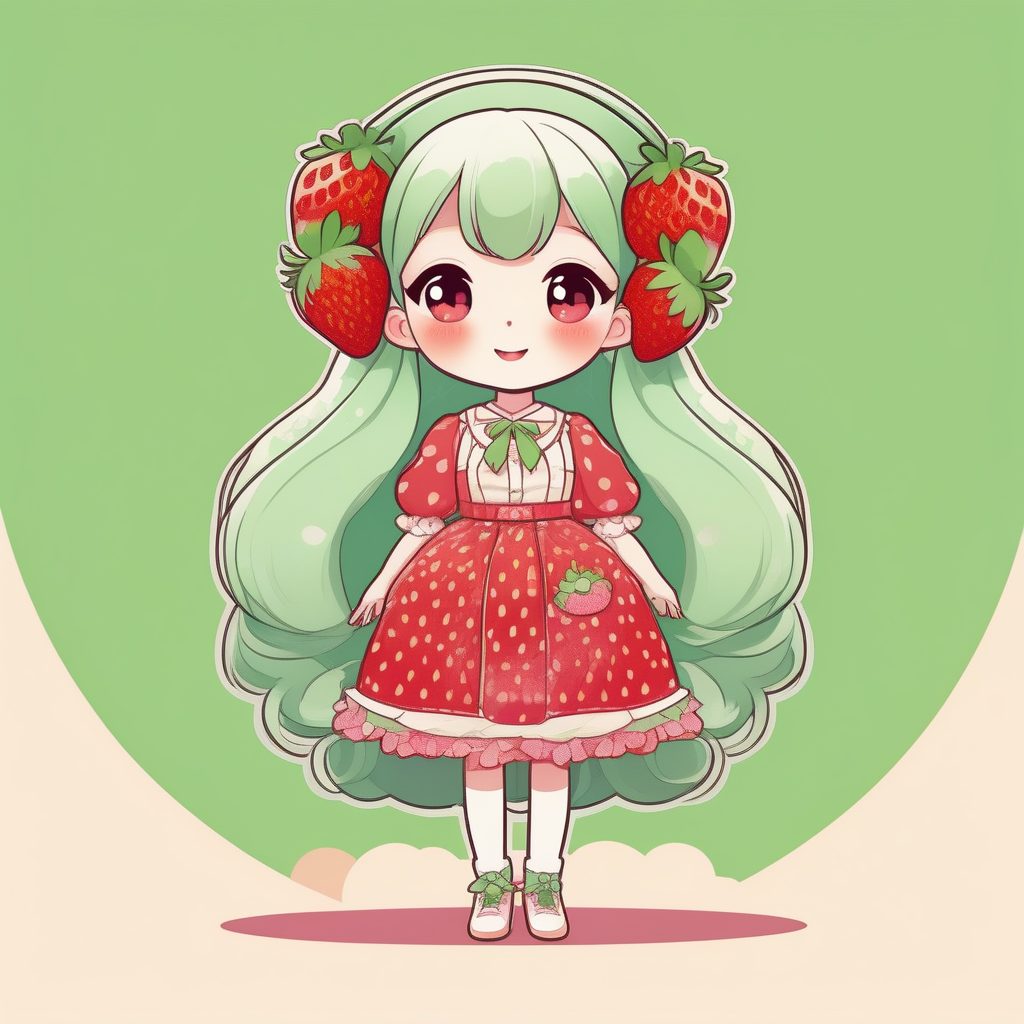 极简动漫Q版草莓裙女孩AI绘画关键词：绿色长发与波普艺术风格