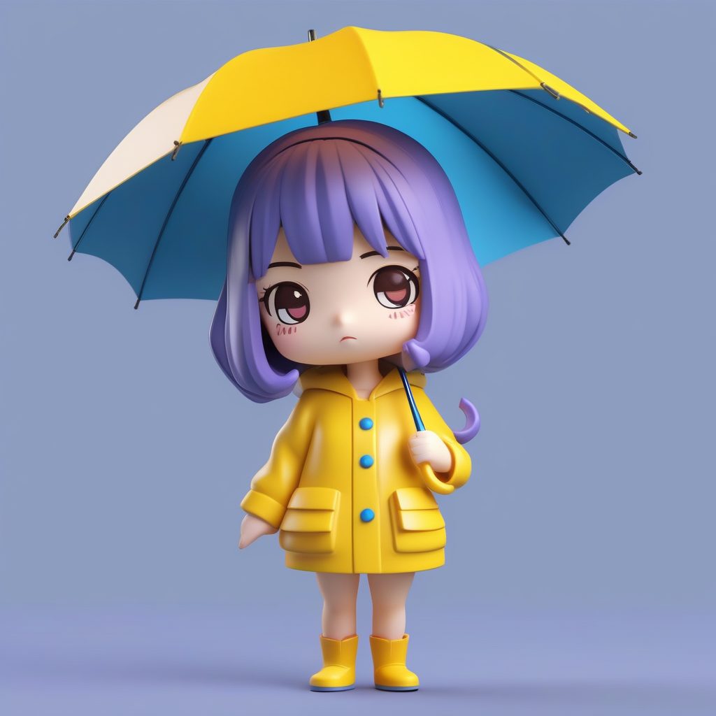 极简动漫Q版角色：雨衣伞下盲盒粘土玩具Octane渲染