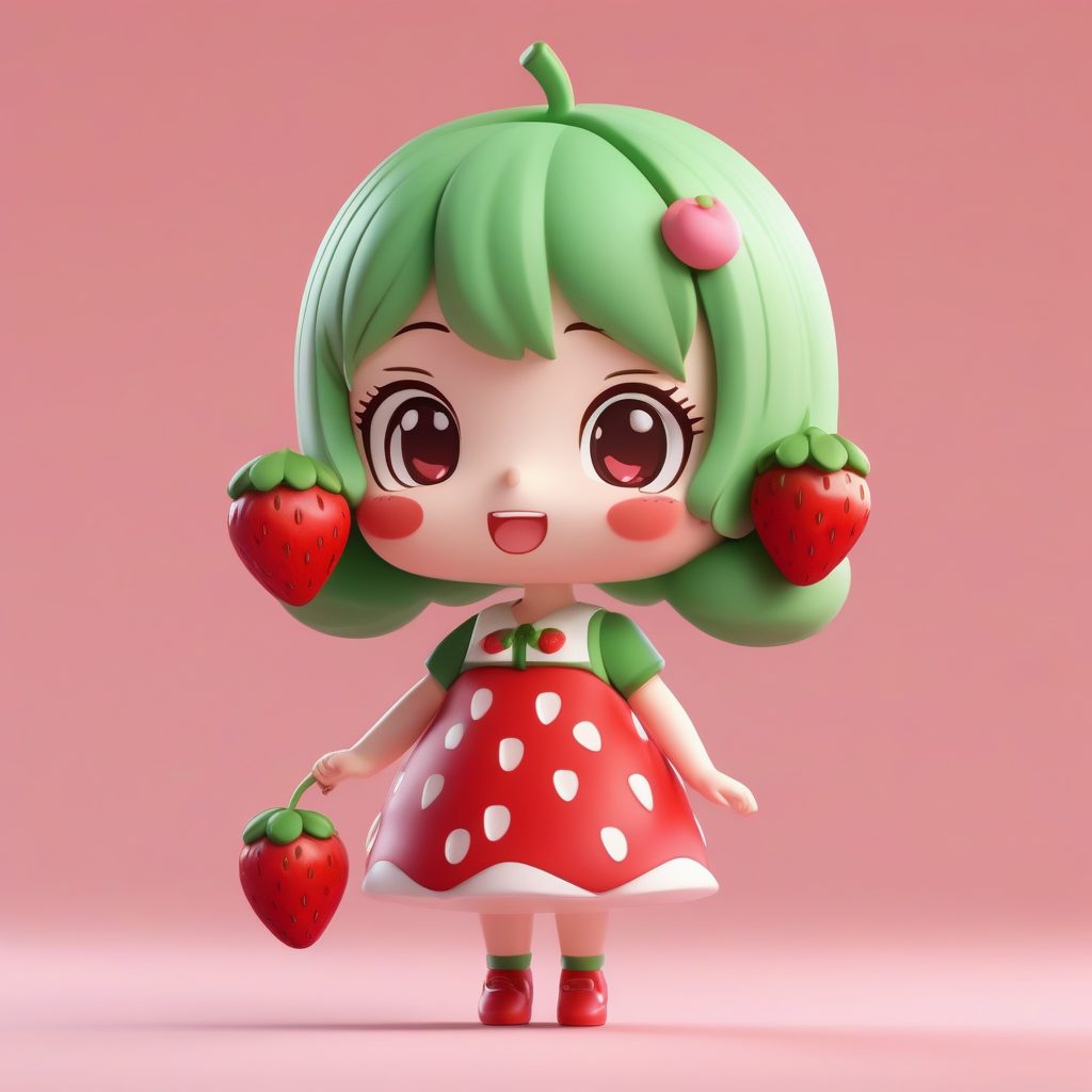 极简动漫Q版女孩：草莓主题连衣裙粘土手办3D模型