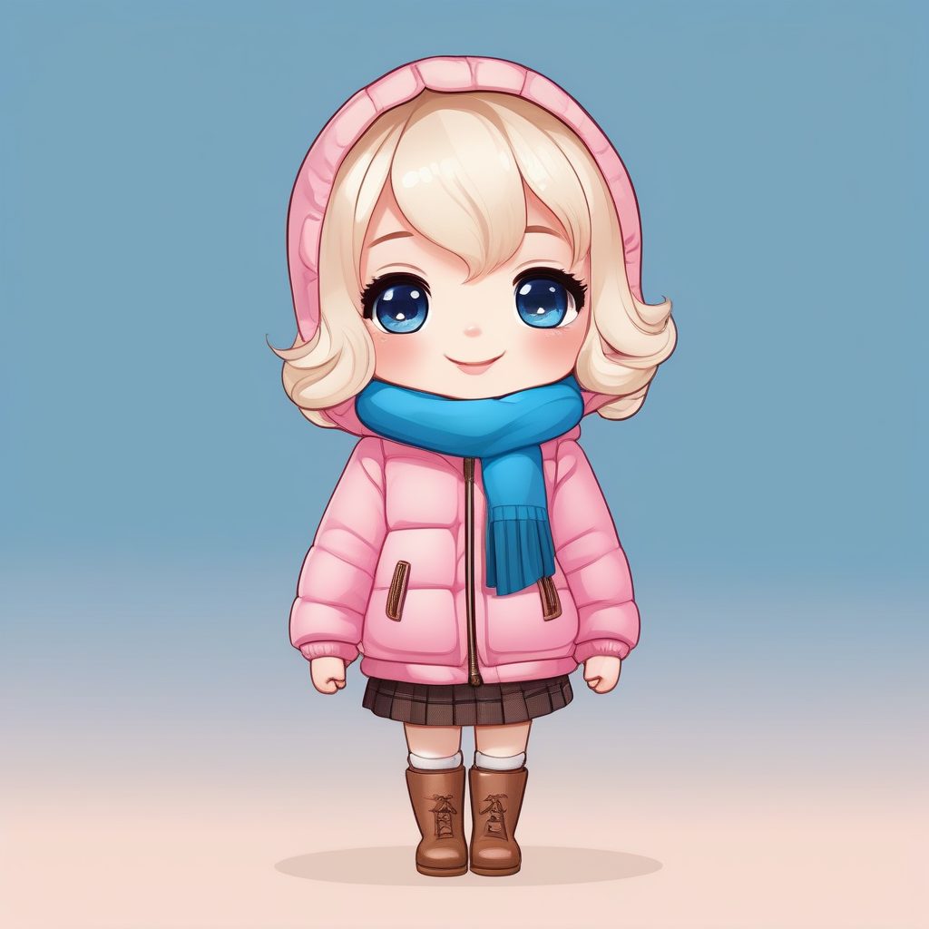 极简动漫Q版女孩-粉红棉服与围巾