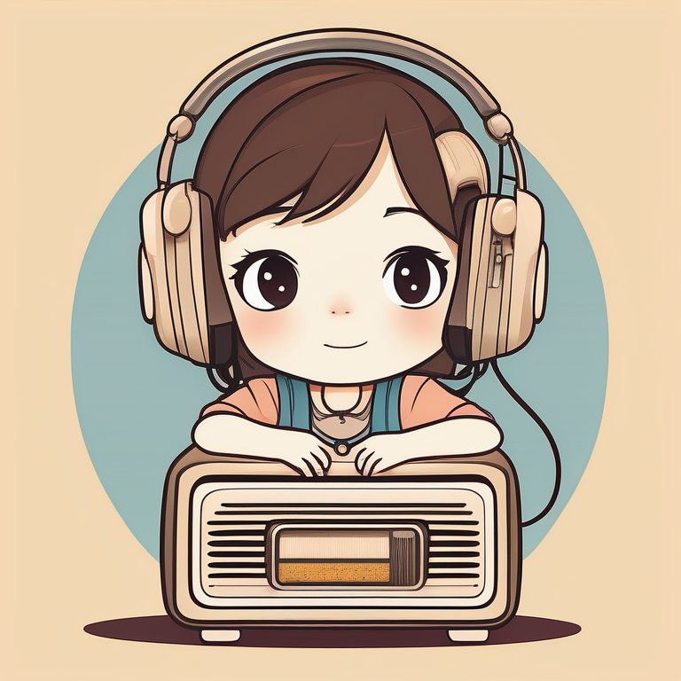 极简动漫Q版女孩风格与一台复古收音机
