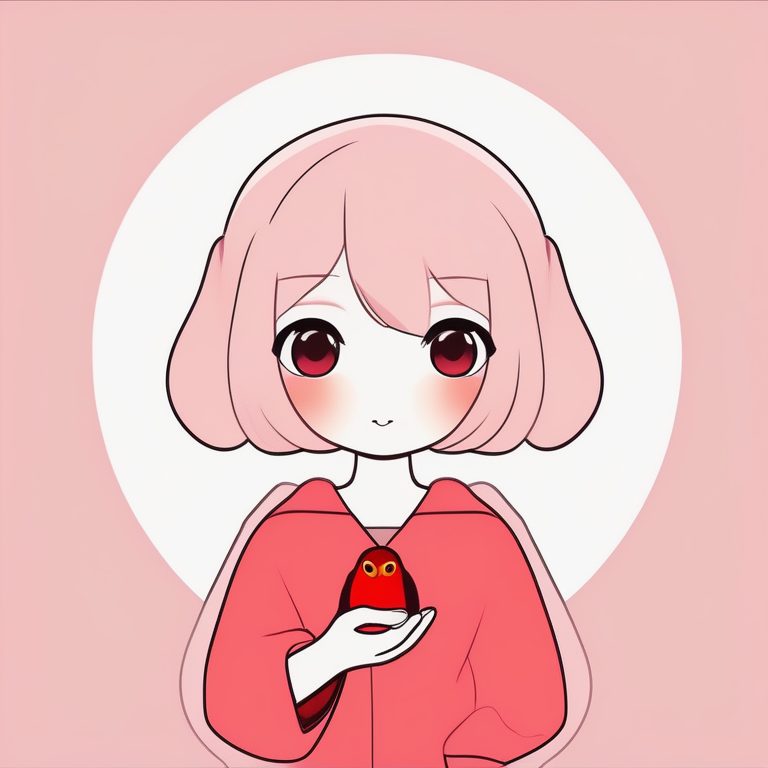 极简动漫Q版女孩风格与一只红色小鸟