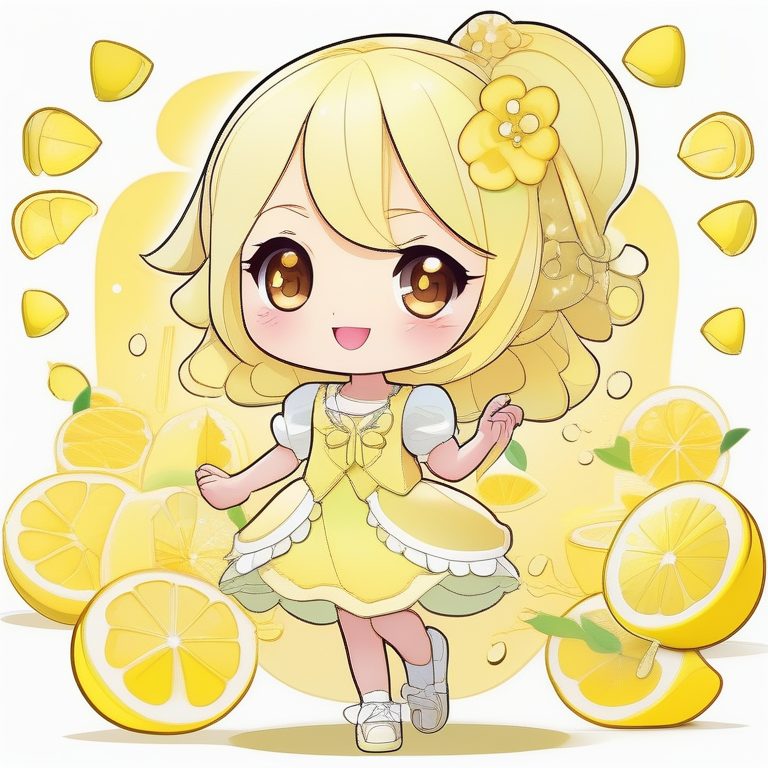 极简动漫Q版女孩全身风格的柠檬饮料精灵
