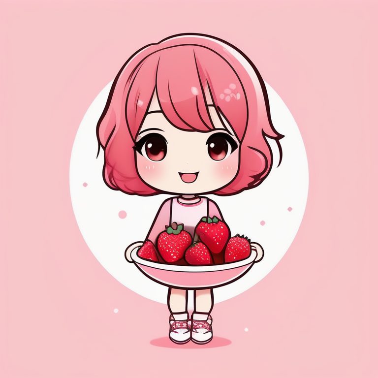 极简动漫Q版女孩与草莓甜点