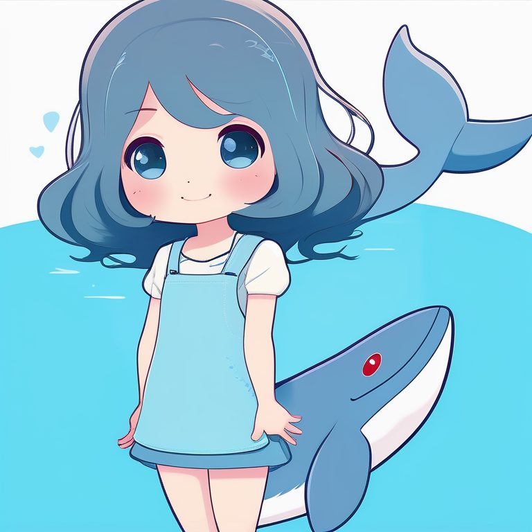 极简动漫Q版女孩与蓝色鲸鱼玩具