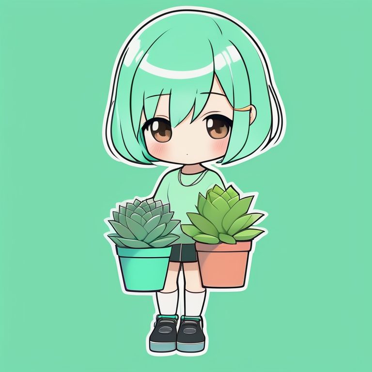 极简动漫Q版女孩与盆栽多肉