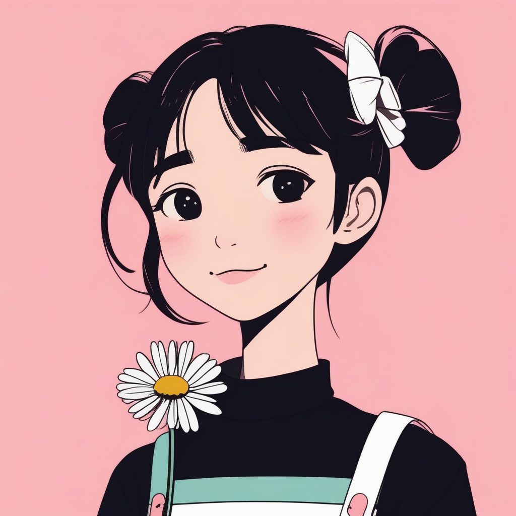 极简动漫少女肖像：害羞的雏菊女孩，纯色背景AI提示词