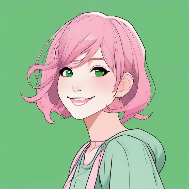 极简二次元风:粉发微笑少女清新绿底肖像