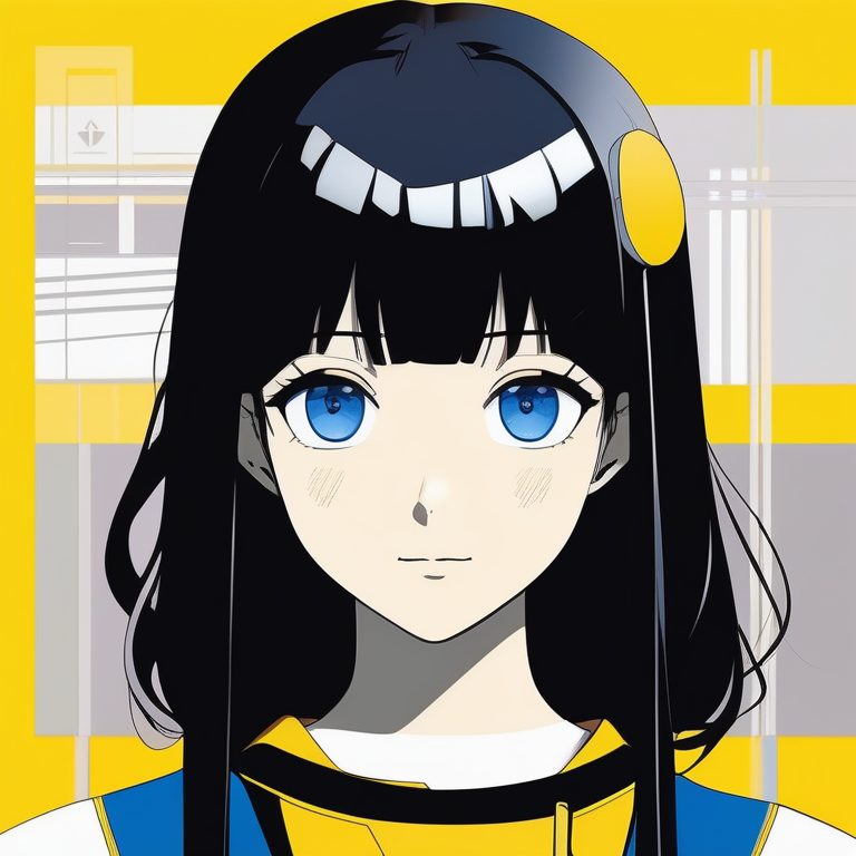 极简二次元风格蓝眼少女肖像：黄色背景