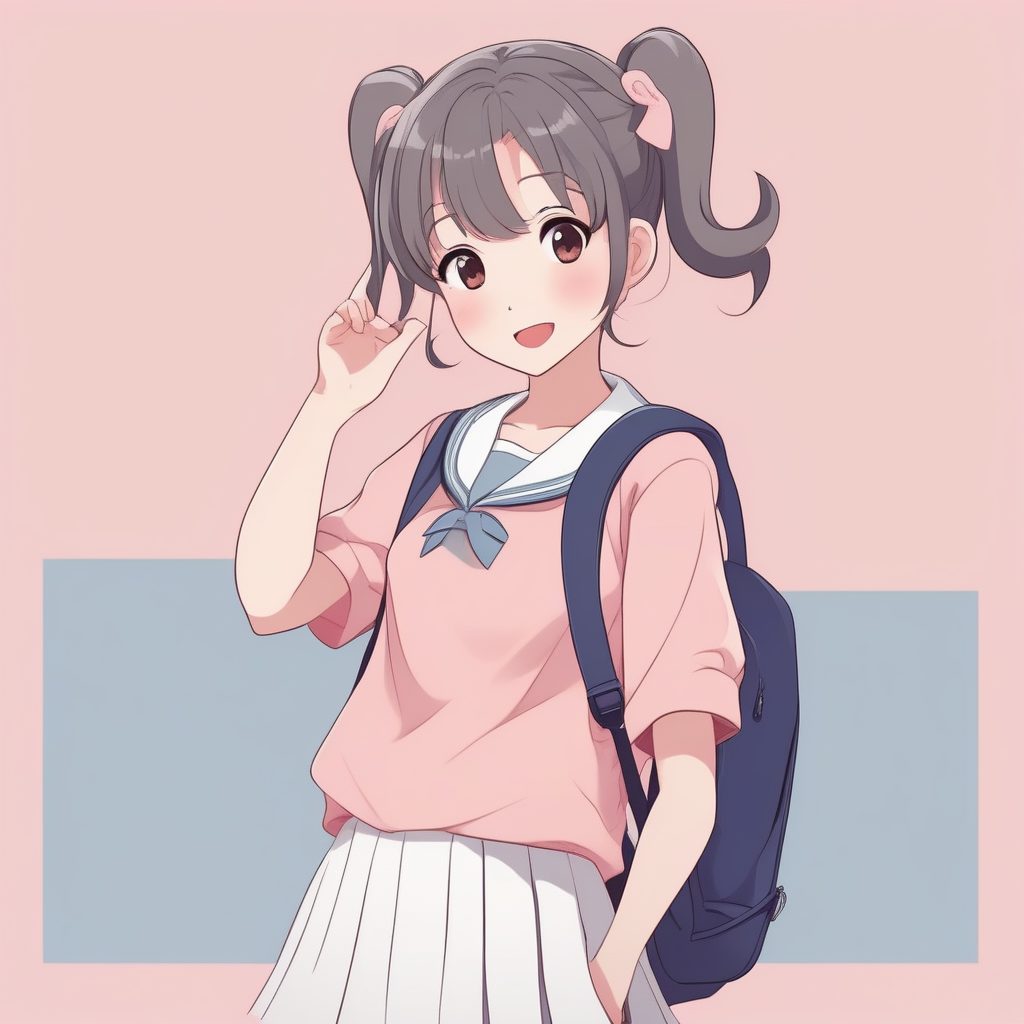 极简二次元风格女孩全身像——粉色背景可爱双马尾