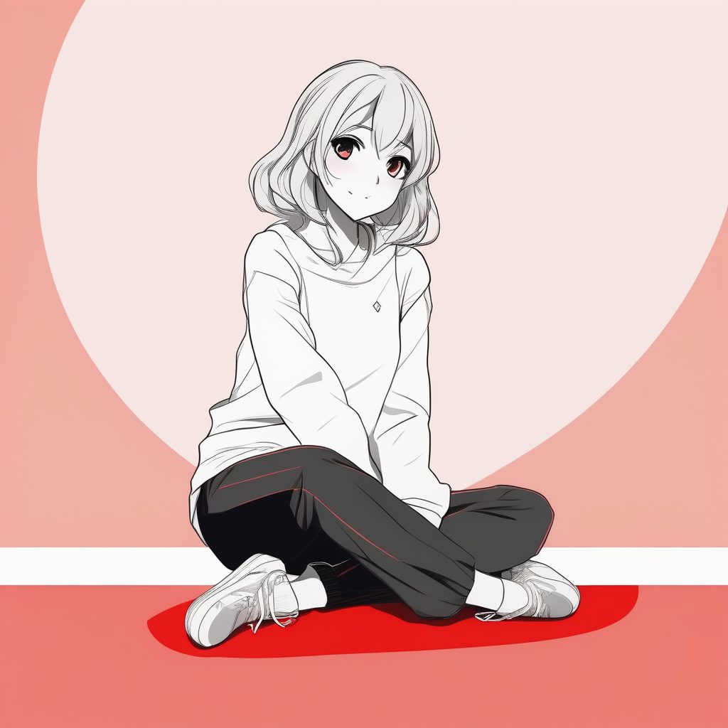 极简二次元风格女孩全身像——红色背景坐姿少女