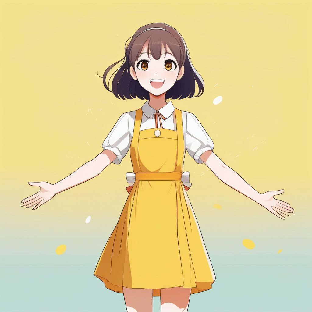 极简二次元风格女孩全身像——黄色背景张开双臂